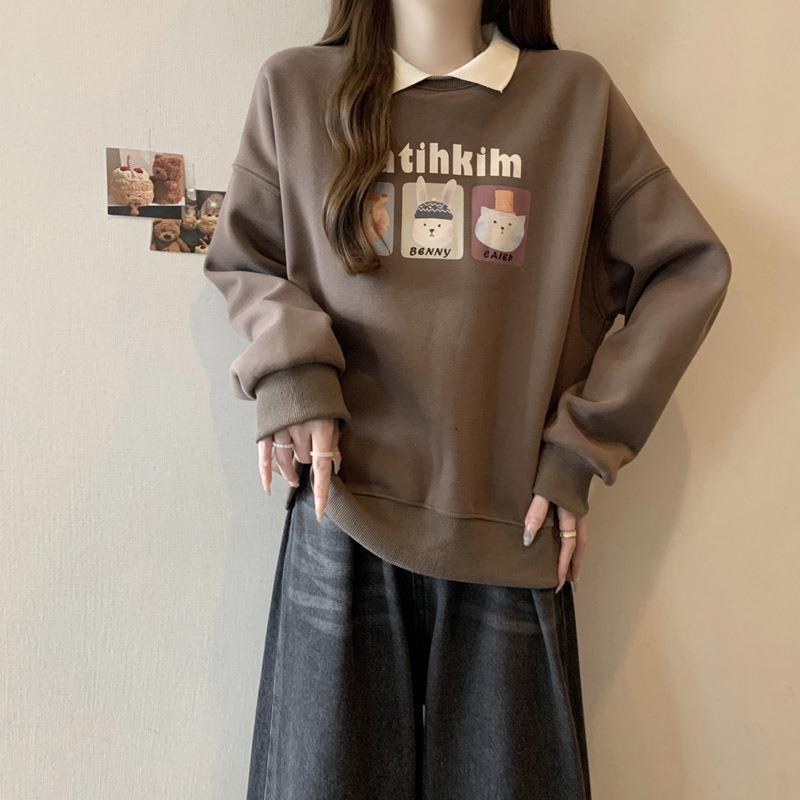 

Реальное фото ретро свитер с воротником поло женский тонкий с принтом новый свободный и универсальный цветной плащ 2XL коричневый