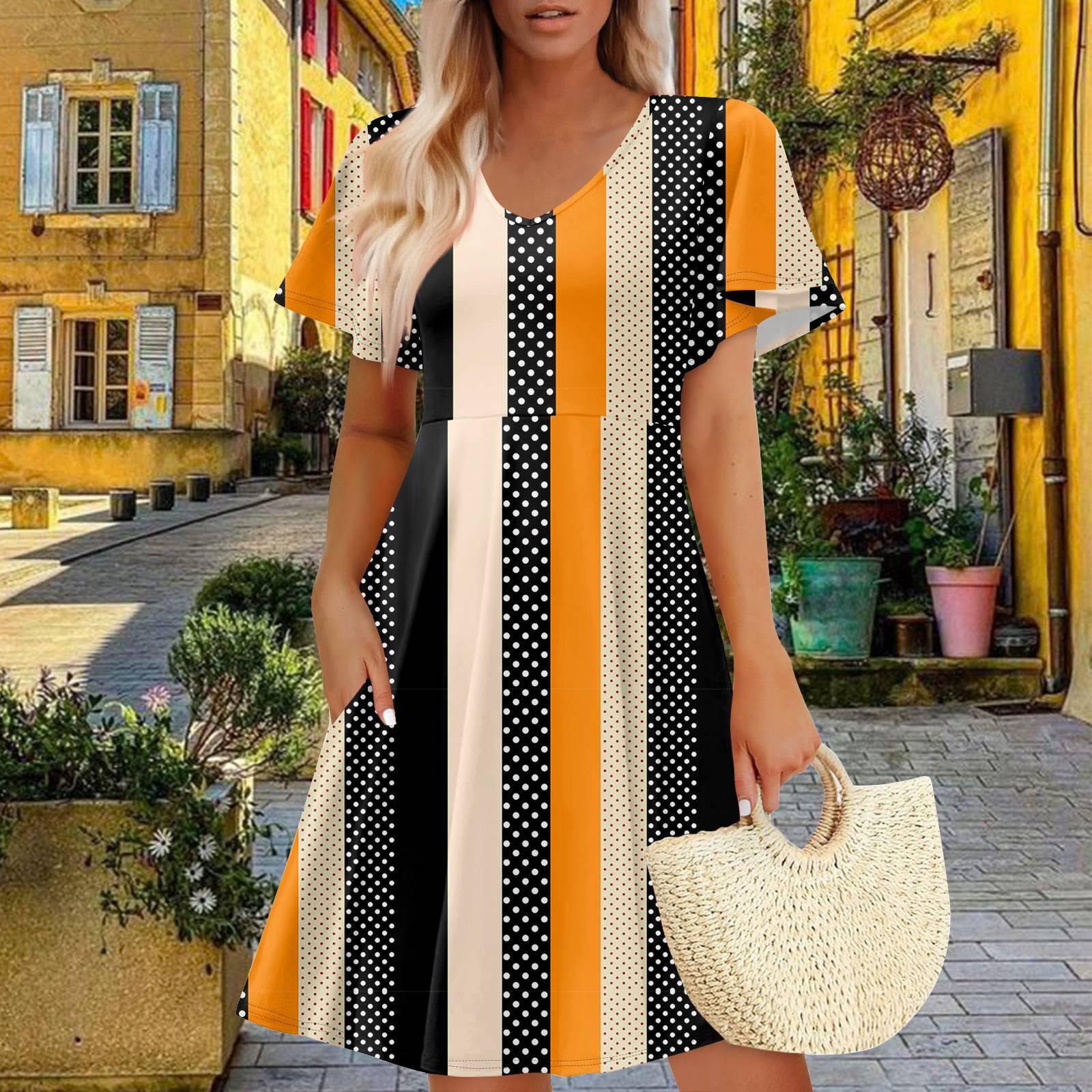 

Women Summer Dress Casual Swing Floral Ruffle Short Sleeve Sundresses Beach A-line Dress With Pockets S