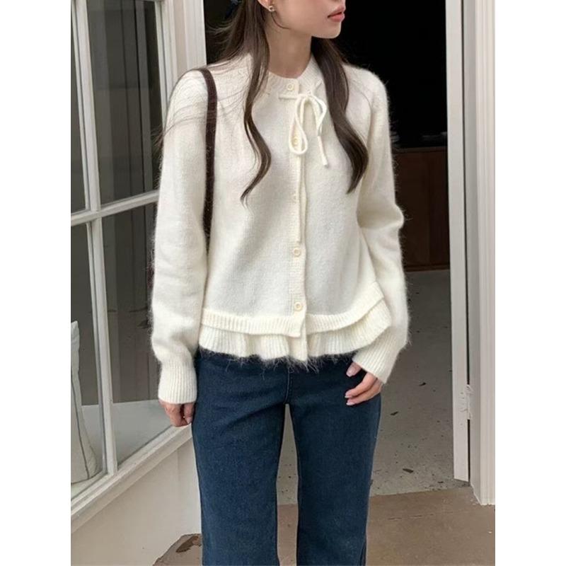 

Autumn and winter new casual soft waxy sweater jacket drawstring collar fungus hem knitted cardigan women average size