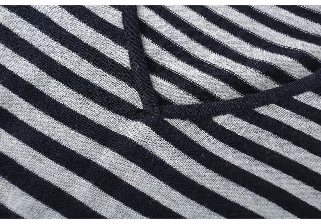 Autumn French Retro V-Neck Batwing Sleeve Striped Loose Sweater Top