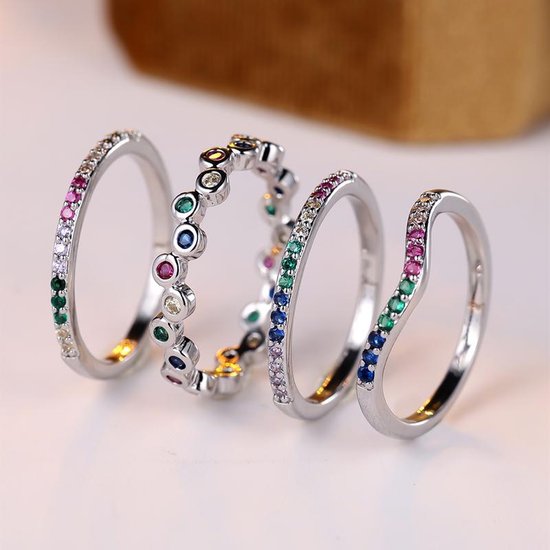 

Шикарный набор из 4 колец для женщин, радужных кубических цирконий, милые темпераментные обручальные кольца для невесты, серебряные ювелирные изделия 8 разноцветный