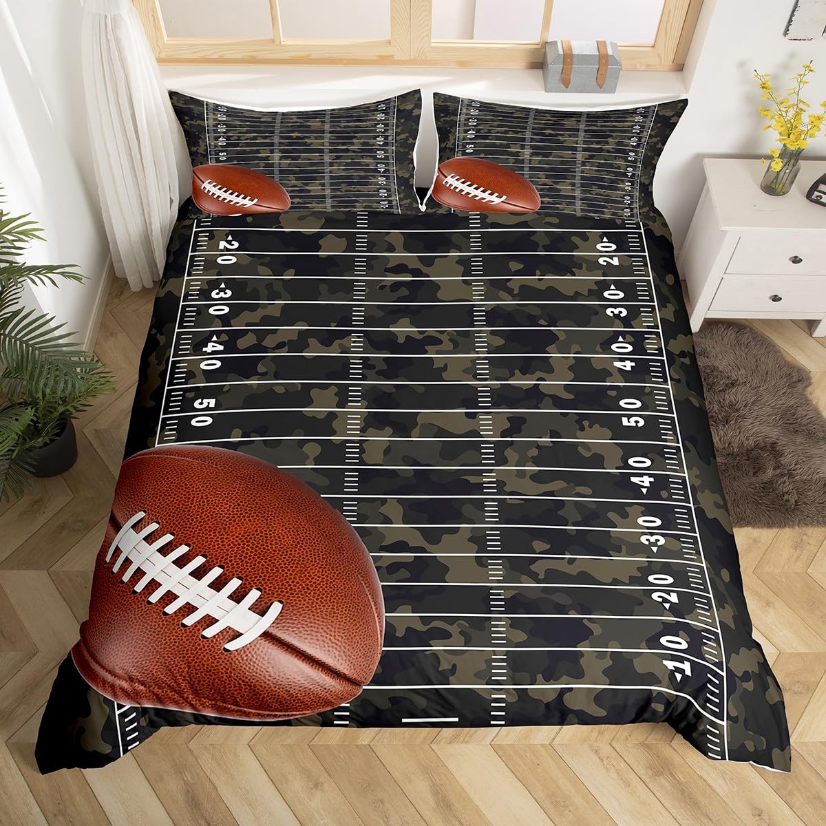 Housse de couette Rugby Sports pour garçons Parure de lit Queen Football Housse de couette Ball Sport Housse de couette Tie Dye noire avec 2 taies d'oreiller EU Single(135x200cm)