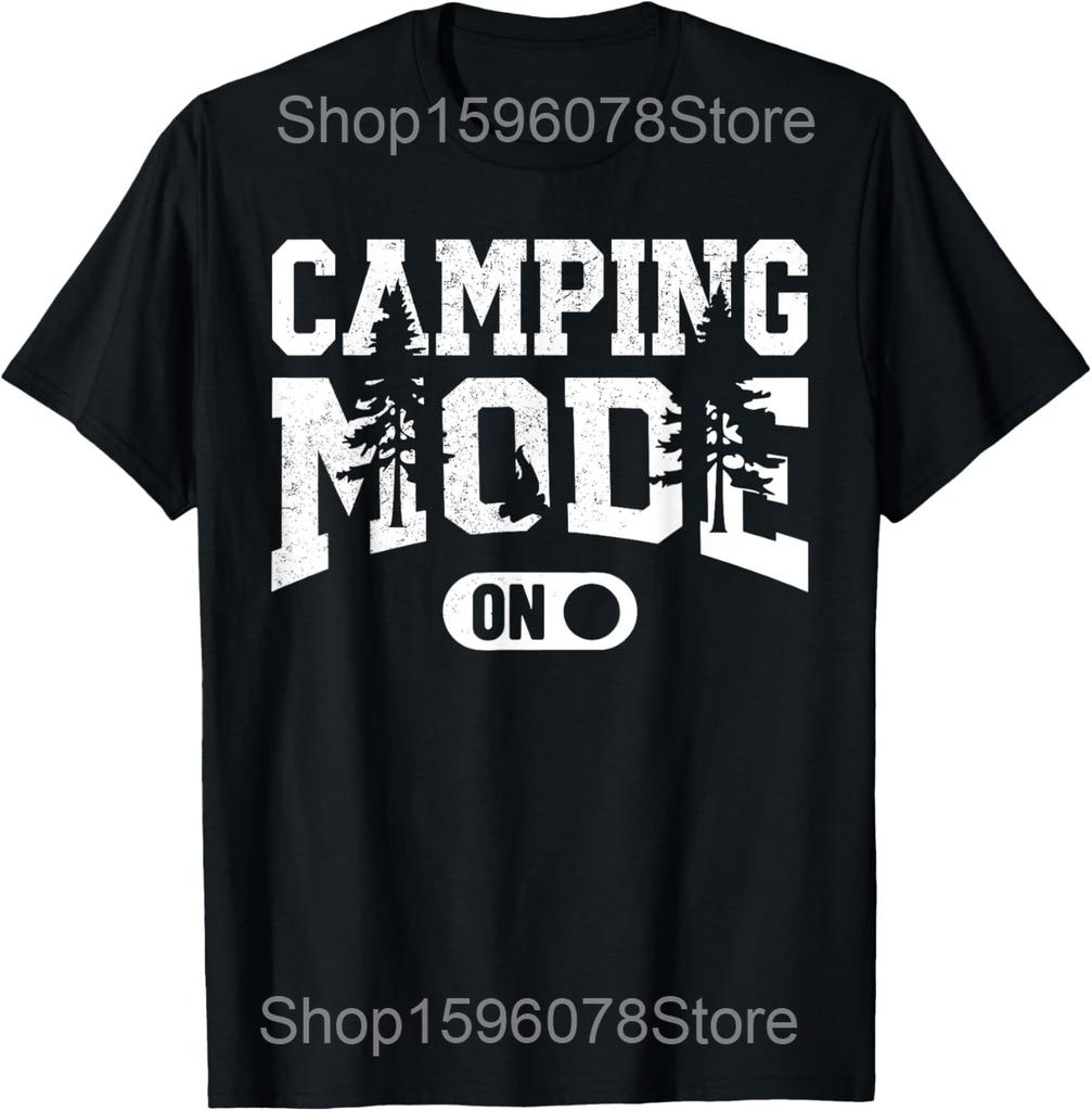 Modo Acampamento Engraçado Ligado Campista Feliz Camisetas de Acampamento Homens Algodão Humor Streetwear Camiseta Manga Curta Unissex Roupa Solta