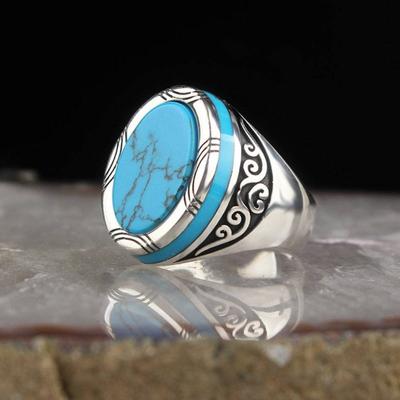 Anello da uomo largo per lucidatura galvanica, punk, modello retrò intagliato, finto anello turchese, accessori per gioielli