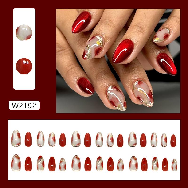 24 Pieces Three-dimensional Cat's Eye Gilt Line Red Smudged Style Removable Wearable Armor 30 Pieces Press On Nails