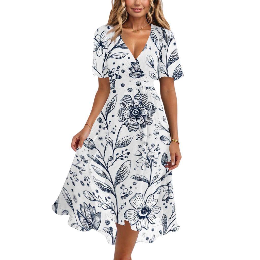 Women's Casual V Neck Short Sleeve Floral Print Dress Midi Length Wrap Style Lightweight Fabric Summer Dress