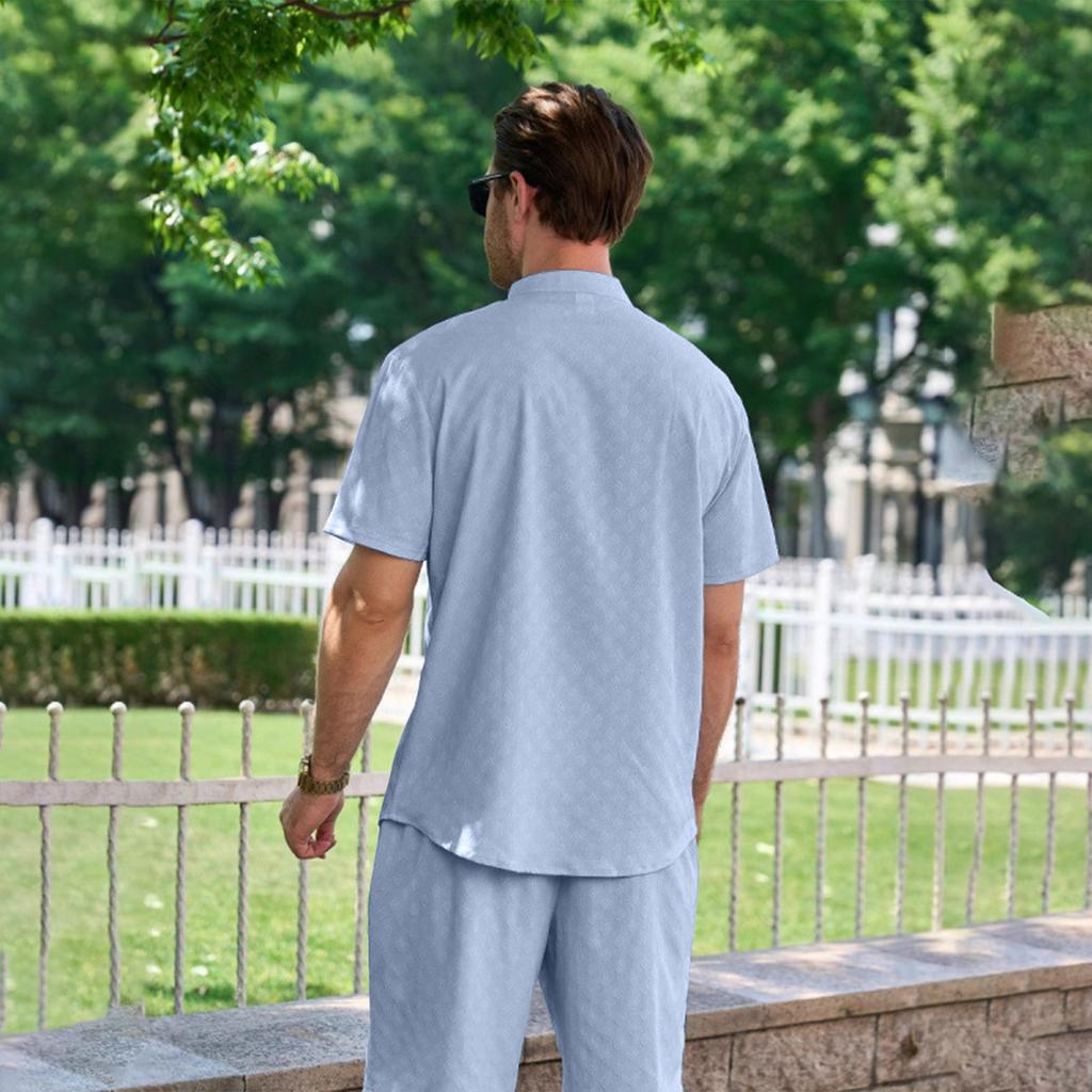 Stand-up Collar Button Short-sleeved T-shirt, Shirt And Shorts Set