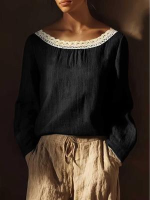 European Spring-Summer Lace Linen Women's Long Sleeve Shirt - Solid Color, Round Neck