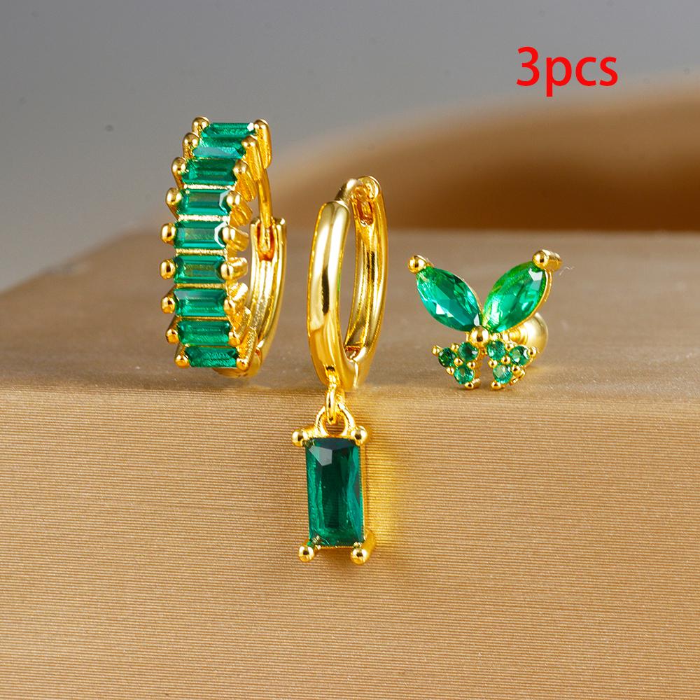 3PCS Gold Color Crystal Square Hoop Earrings Set For Women Butterfly Pendant Cartilage Tragus Helix Ear Stud Fashion Jewelry
