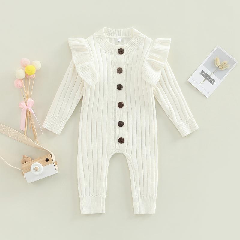 Baby Girl’s Knitted Long Sleeve Jumpsuit Solid Color Round Neck Button Long Romper