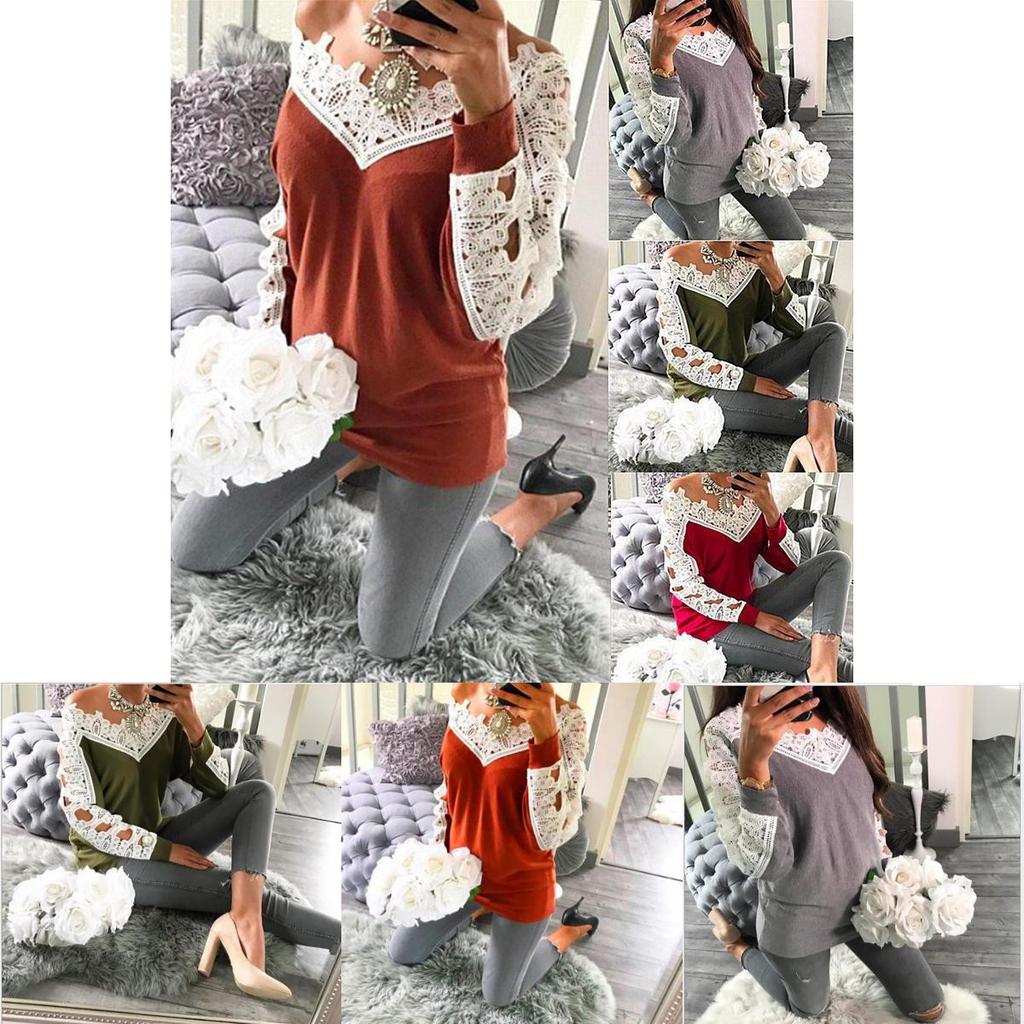Elegant Sexy Lace Stitching Off Shoulder Crochet Blouse With Hollow Long Sleeves