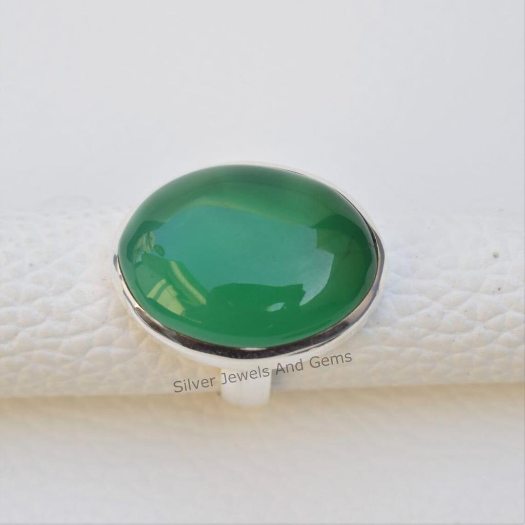 Handmade Oval Green Onyx Ring, 925 Sterling Silver, December Birthstone
