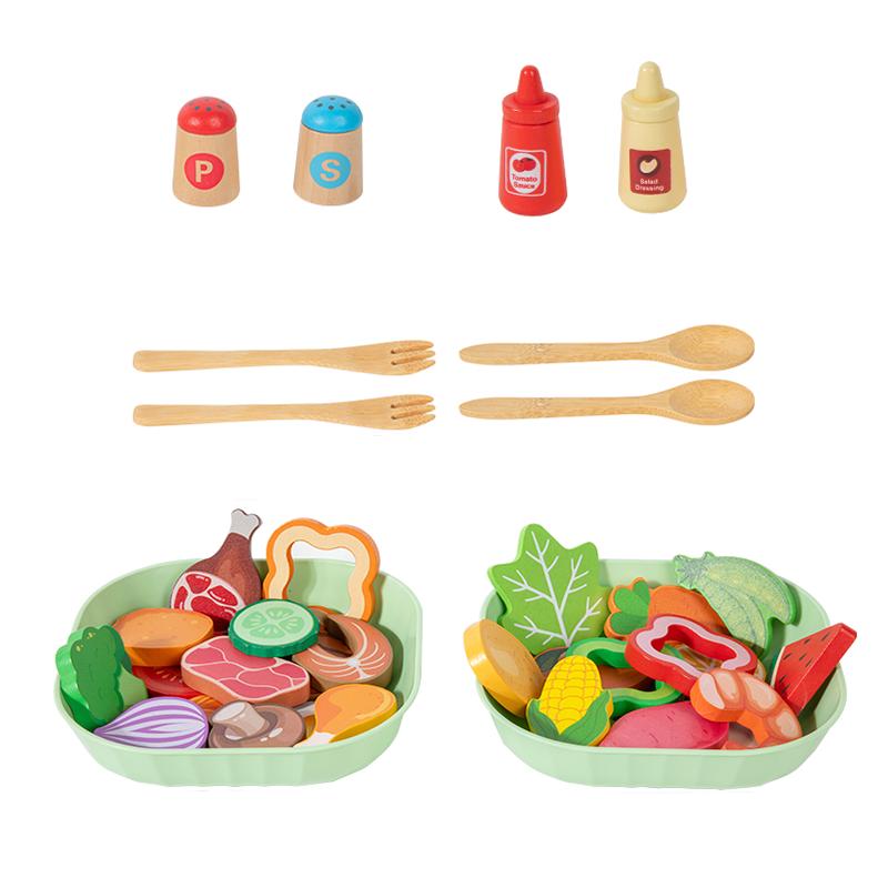 Wooden Salad Game Food Set Pretend Fruit Vegetable Cutting Toy And Tableware Seasoning Bowl Children's Kitchen Pretend Toy