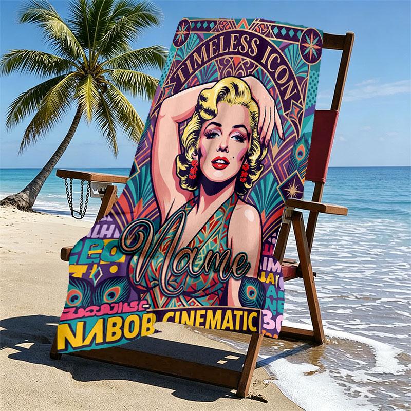 Custom Name Personalized Marilyn Monroe Print Beach Towel, for Trip Camping Beach Party Home Decor, Birthday Gift for Family & Friends