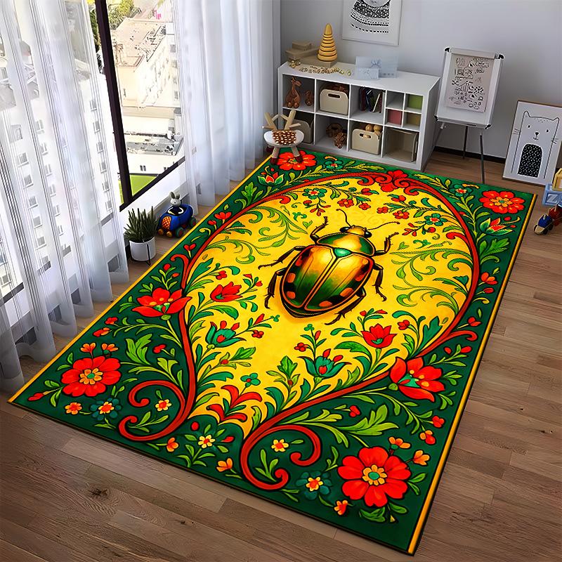 Colorful Beetle and Floral Pattern Carpet with Green and Red Motifs Suitable for use as an anti-slip for living room bedroom sofas