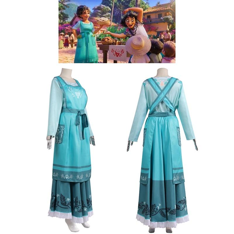 Encanto Julieta Madrigal Cosplay Dress Costume For Women Floral Print Round Neck Short Sleeve Midi Dress Full Suit Outfit