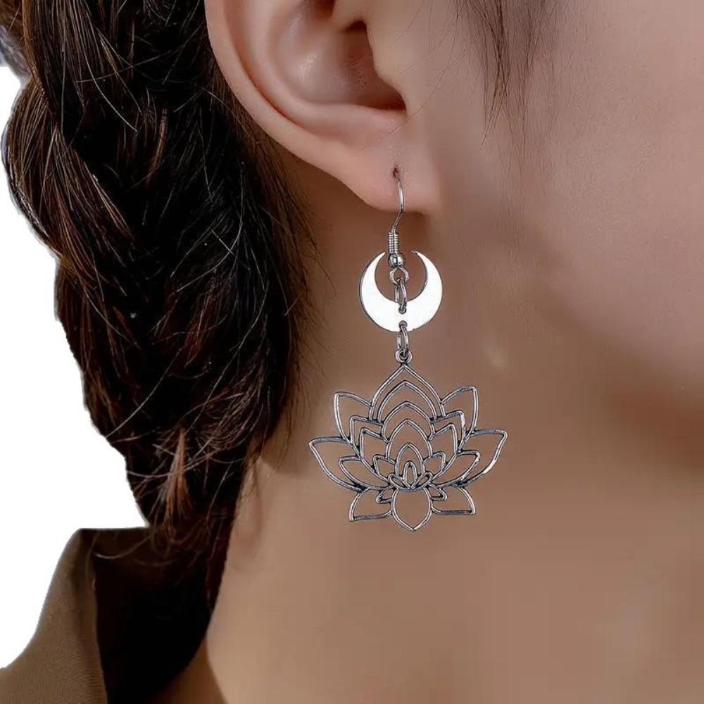 Bohemia Retro Silver Color Hollowed-out Lotus Flower Crescent Moon Dangle Earrings for Women Charm Stainless Steel Jewelry Gifts