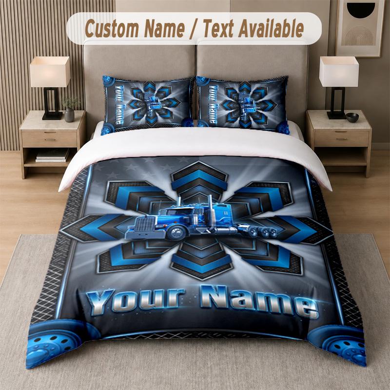 Truck Theme Custom Text Or Name 3Pcs Bedding Set 1 Flat Sheet & 2 Pillowcases Personalized Home Bedding