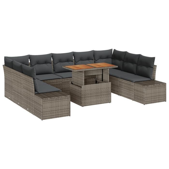 VidaXL Set de salle à manger de jardin de 10 pièces avec coussins en poly rotin gris et acacia 3350006