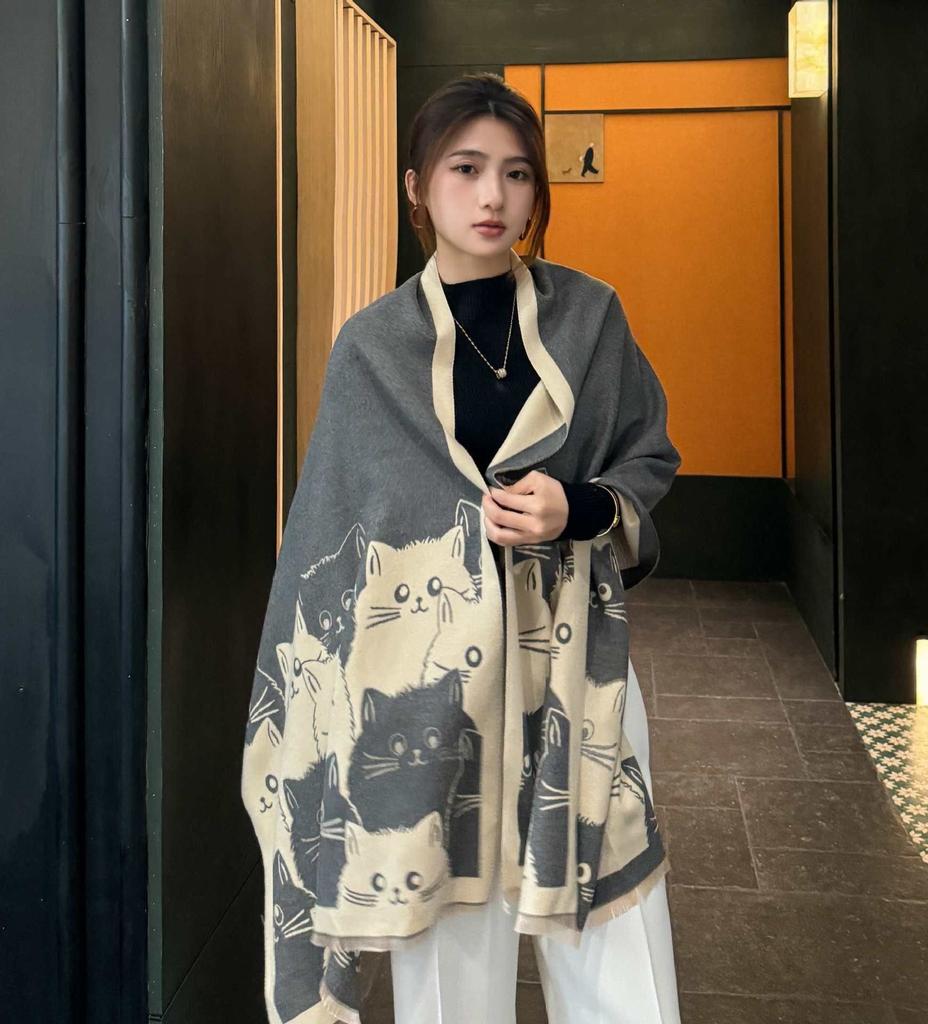 Cute Cat Jacquard Imitation Cashmere Scarf Women's Autumn and Winter Double-sided Pattern Soft Waxy Warm Long Outer Shawl Scarf