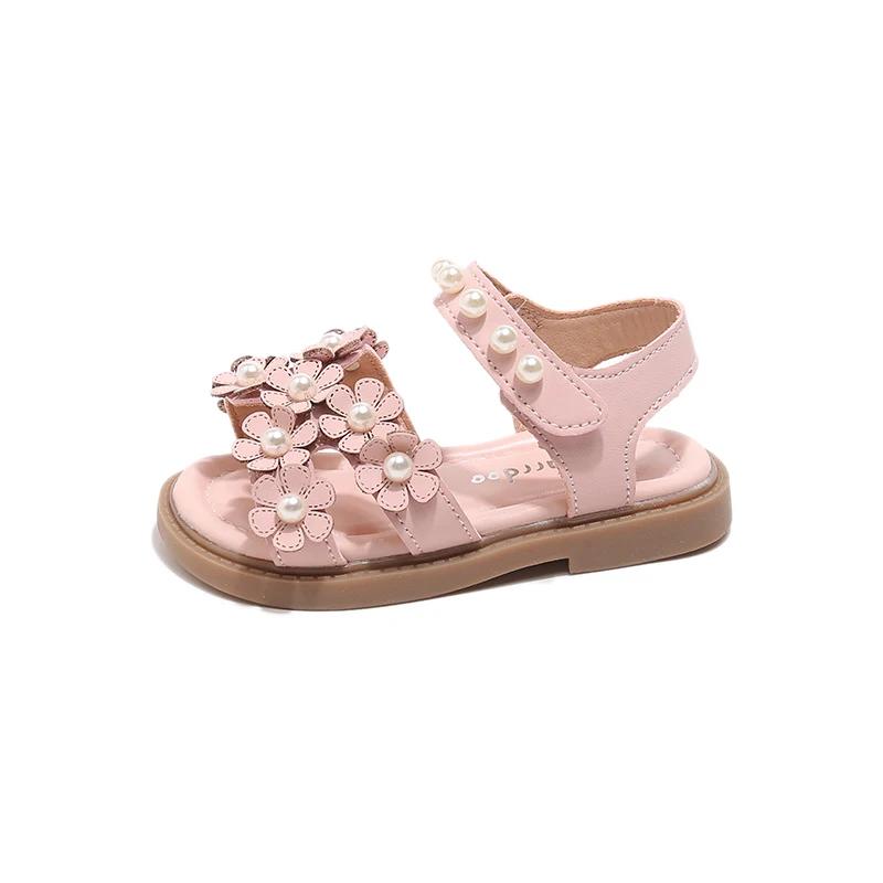 Little Girls Summer Shoes with Beads Princess Sweet Kids Floral Sandals Open Toes Anti-skid Size 21-30 Hook & Loop Bohemian Cute