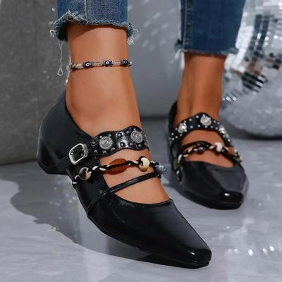 British Vintage Beaded Mary Janes Shoes for Woman Spring 2026 Square Toe Metal Ankle Strap Pumps Woman Comfortable Heels Loafers