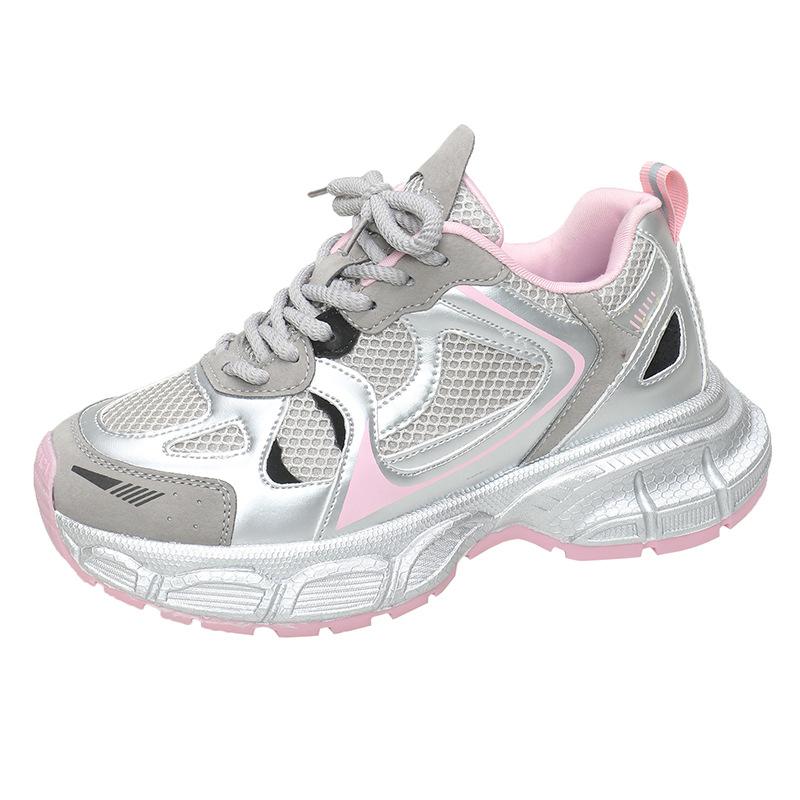 Plateauschuhe mit dicker Sohle für Damen, Frühjahr 2024 neu, silbernes Mesh, atmungsaktiv, leicht, Sport- und Freizeitschuhe