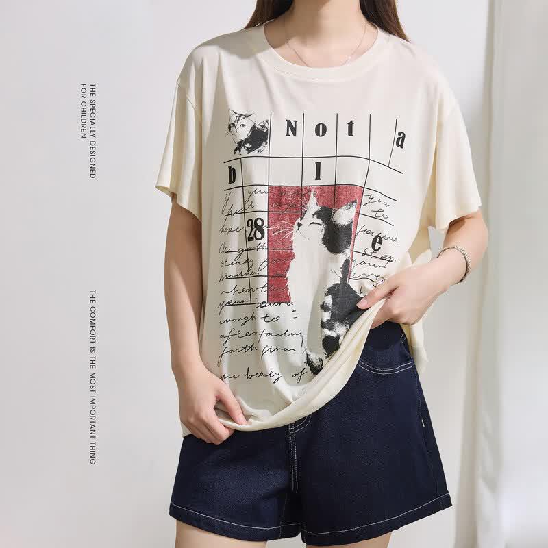 Girls' Summer Cat Love Letter Print Short Sleeve T-Shirt