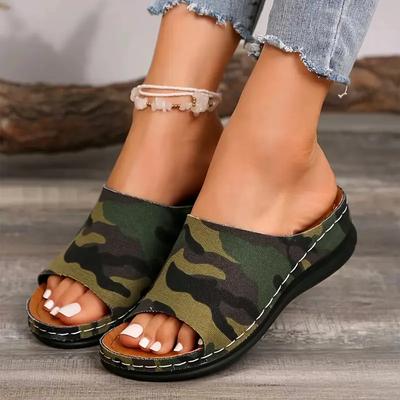 Damen Camo Grün Keilplateausandalen mit Gummisohlen Geeignet für Outdoor- und Strandaktivitäten, Strandschuhe Damen Sandalen