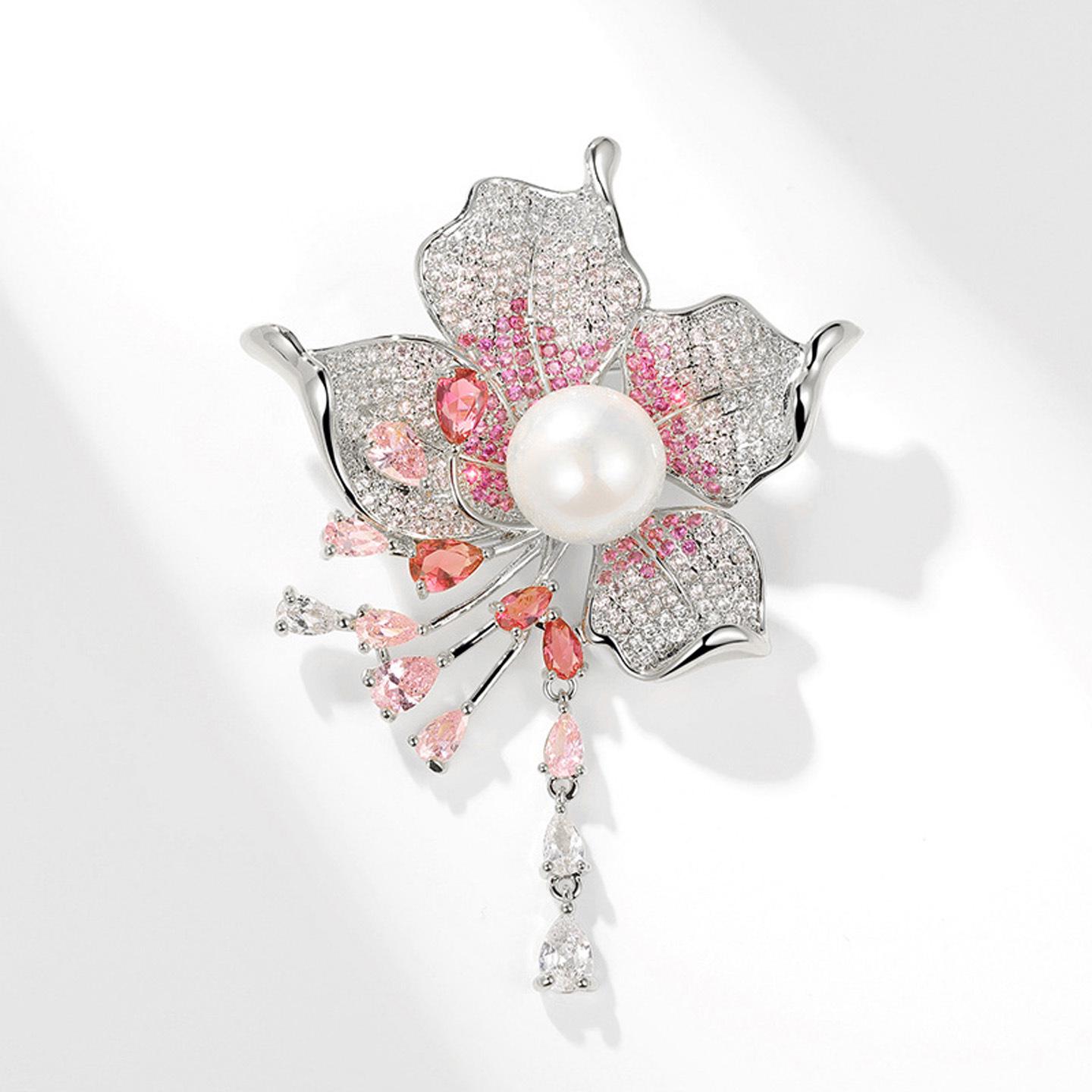 Gold-Plated Tassel Flower Brooch with Micro-Inlaid Zirconia  Pearl Empty Setting