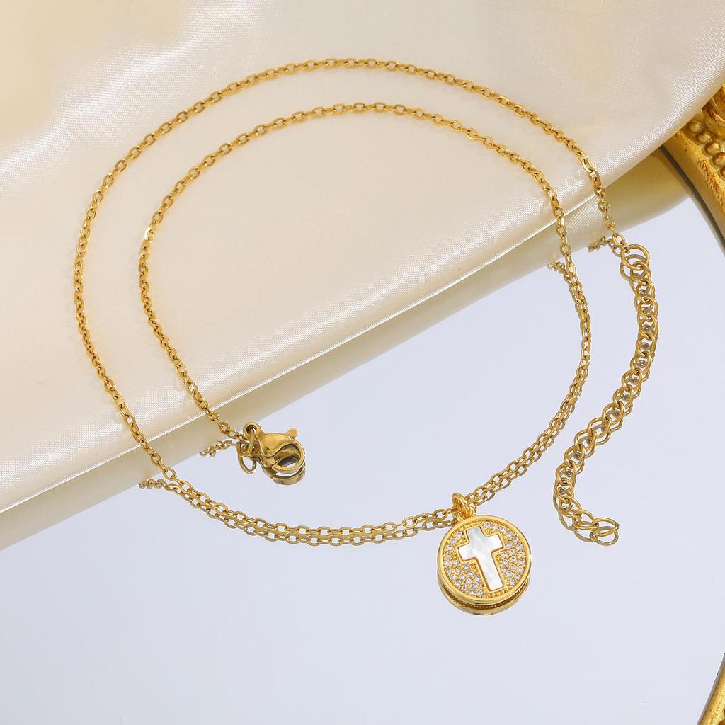 Copper Zircon White Shell Cross Four-Leaf Clover Round Card Wind Pendant Necklace Gold Pnb-351
