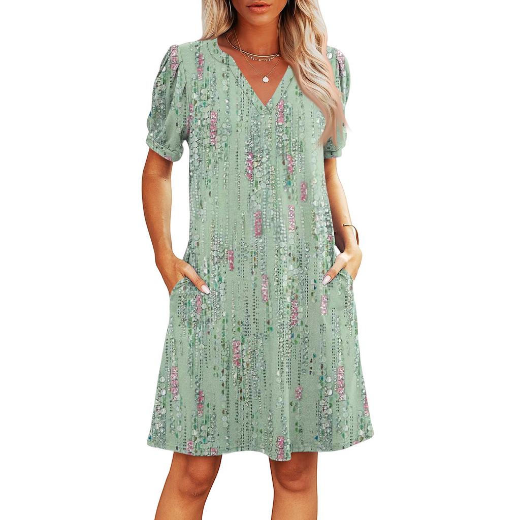 Women's Summer V-Neck Casual Beach Dresses Pod Short Sleeve Vintage Floral Print Dresses