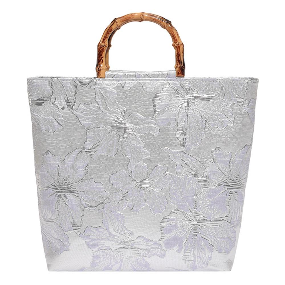 Borsa Tote Jacquard in Tela Chegsam Accessori Manico con Giunzione in Bambù Borsa a Mano Stile Cinese Grande Capacità Chiusura con Zip