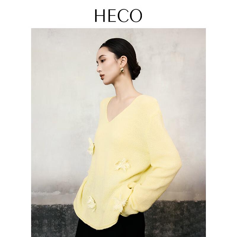 HECO Star Flower Embroidered V-Neck Wool Blend Knit Sweater