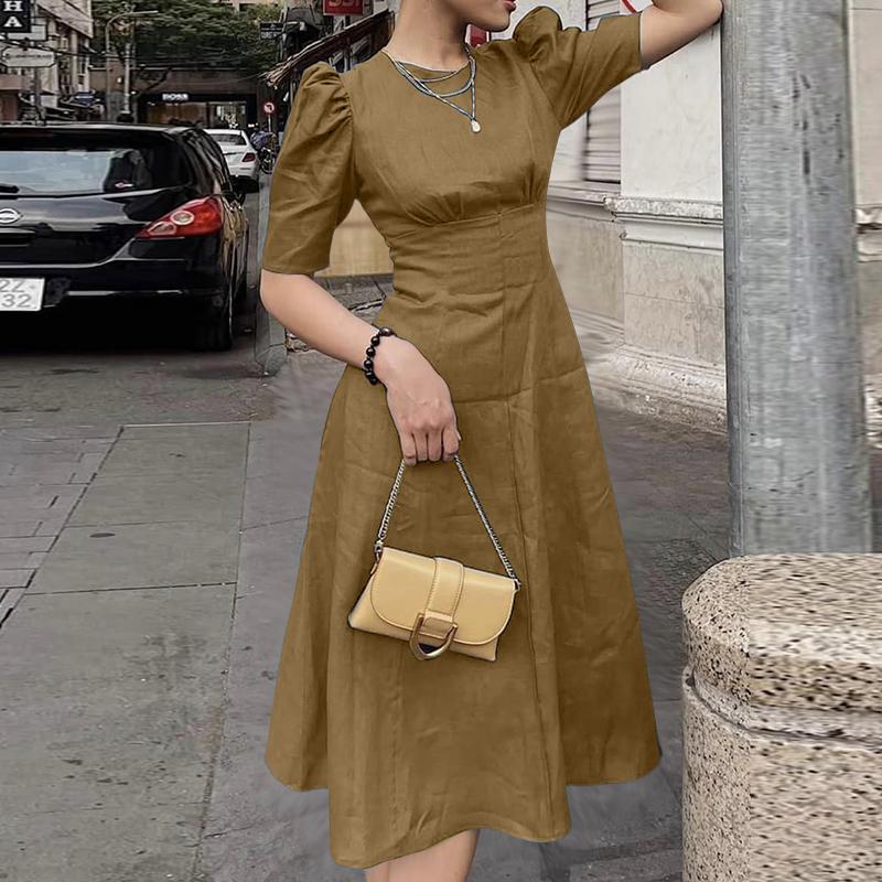 ZANZEA Women Casual Round Neck Summer Puff Half Sleeve Dress
