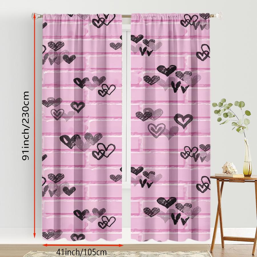 2PCS pink black heart-shaped curtains   artistic style   bedroom and living room   decorative curtains with drawbar pockets