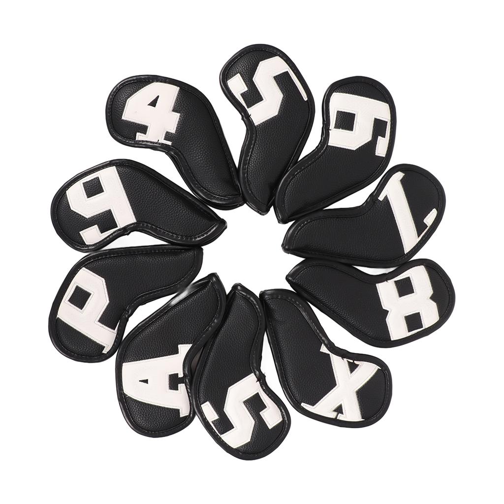 10pcs Set PU Waterproof Golf Club Iron Cover Fine Sewing Process Golf Club Head Protect Case(White Character Black