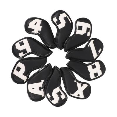 10pcs Set PU Waterproof Golf Club Iron Cover Fine Sewing Process Golf Club Head Protect Case(White Character Black