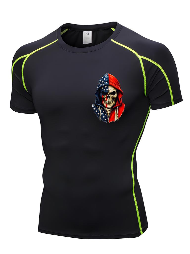 Men's Compression Shirt Quick Dry Black Gym T-Shirt USA Flag Skull Print Workout Sportswear