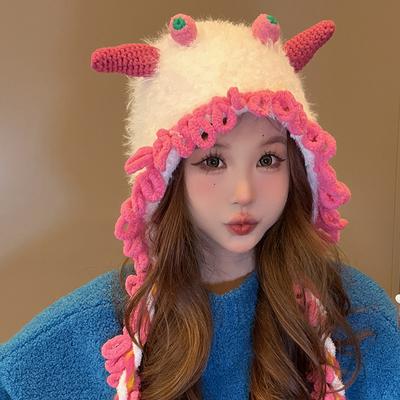 Funny Personality Cute Handmade Knitted Wool Hat Children Autumn and Winter Little Monster Warm Ear Protectors Straps Lei Feng Hat Tide