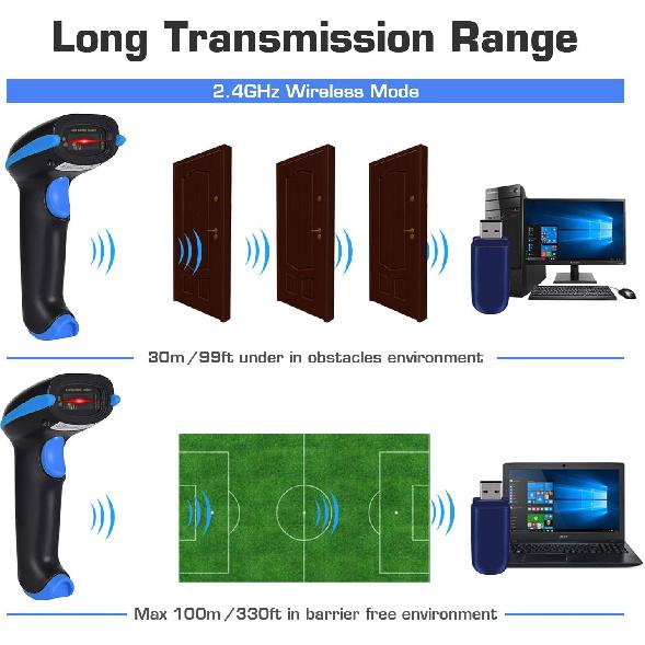 WoneNice Barcode Scanner Wireless 2-in-1 (2.4Ghz Wireless+USB 2.0 Wired) Handheld Bar Code Scanner Reader (Blue)