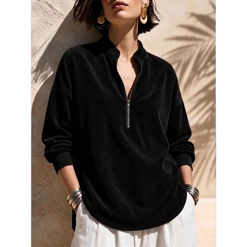 Women S Solid Stand Collar Long Sleeve Loose Corduroy Top