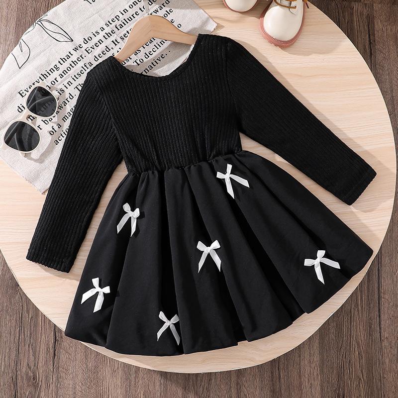 

Платье для девочек Детская одежда Осень Новая Модная Бант Стильная Открытая спина Длинный рукав Формальное платье 7Y чёрный