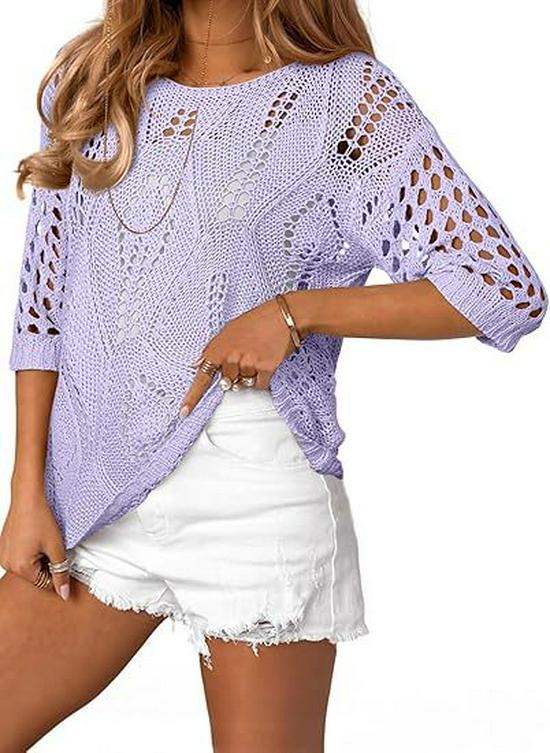 Women's Crochet Knit Hollow Short Sleeve Summer Top Beach Cover-Up