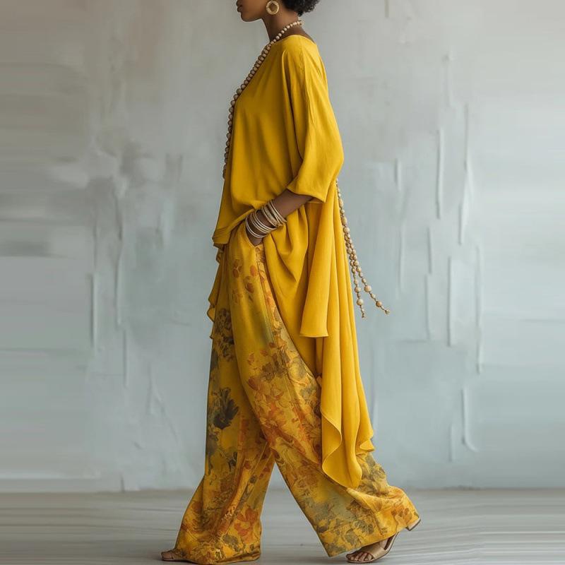 2026 European and American Women's Fashion Digital Print Wide-Leg Pants + Crew Neck Long-Sleeve Solid Color Top Two-Piece Set