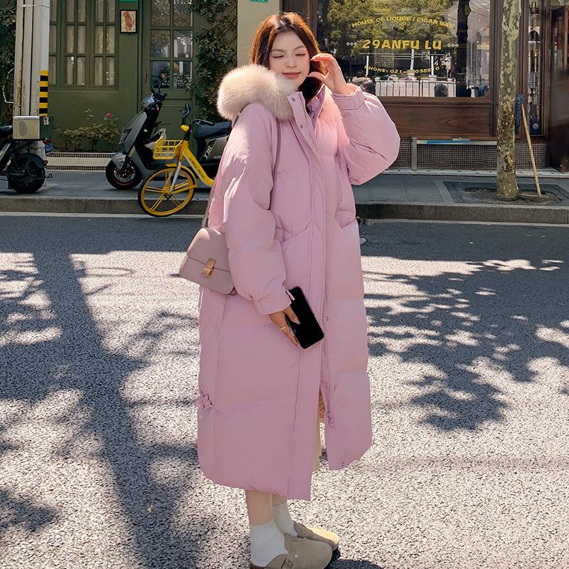 Winter New High-end Large Fur Collar Down Jacket, Women's Long Knee-length Korean Style Thickened Cotton Jacket