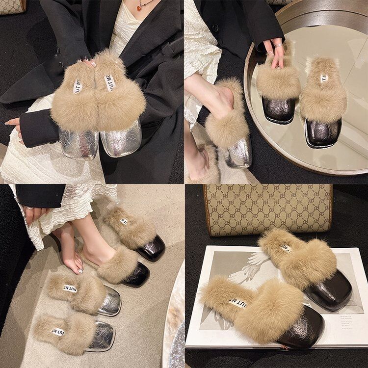 Pack Head Winter Fur Slippers For Women With Nonslip Pu Sole Comfortable Indoor Outdoor Shoes