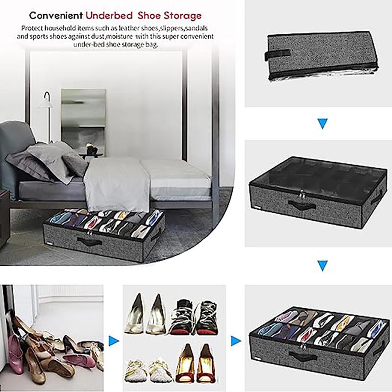 Under Bed Shoe Organizer, Holds 12 Pairs of Shoes, Shoe Packing Organizer with Transparent Window, Breathable, Foldable