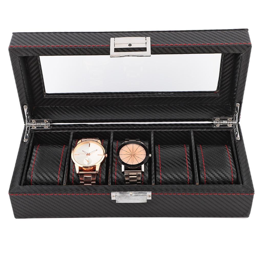5-Slot Watch Box Carbon Fiber Display Case Durable Watch Case Storage
