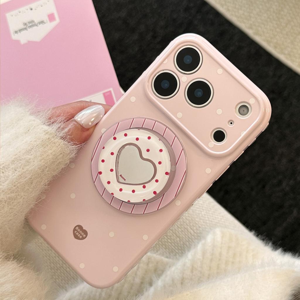 Cream polka dot Apple 17 Promax phone case iPhone 16 heart-shaped mirror magnetic suction support